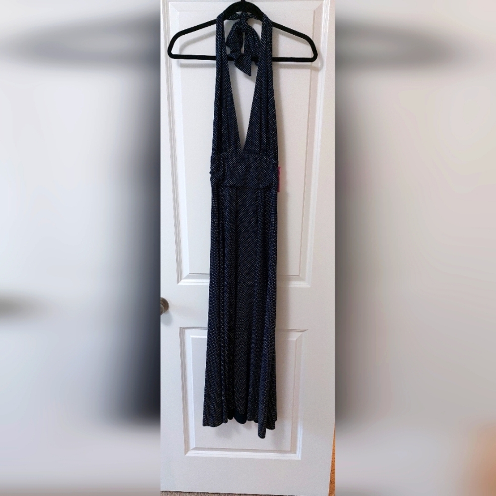 NAVY white dotted low plunge halter Aline dress